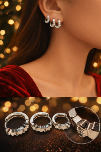 Üçlü Geometrik Formlu Taşlı Küpe Seti 