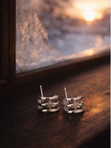 İnce Halka Üzerine Yıldız Formlu Üç Sıra Taşlı Küpe 