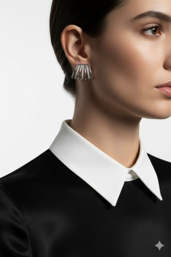 Gümüş Renkli Çoklu Bar Tasarımlı Taşlı Küpe