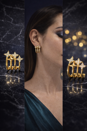 Modern Oval (U-Form) Üç Sıra Yıldız Taşlı Küpe 