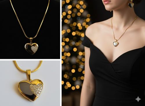 Çift Kalp Tasarımlı Taşlı  Kolye